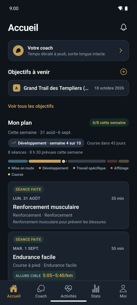 Écran Accueil de Kaern : objectif de course et plan de la semaine par phases