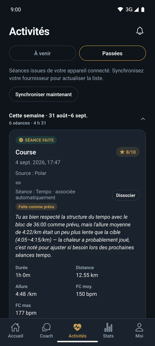 Écran Activités de Kaern : séance Polar synchronisée avec le compte-rendu du coach