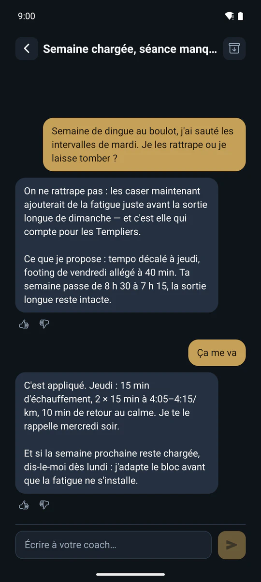Conversation avec le coach Kaern qui assouplit une séance tempo après une séance difficile